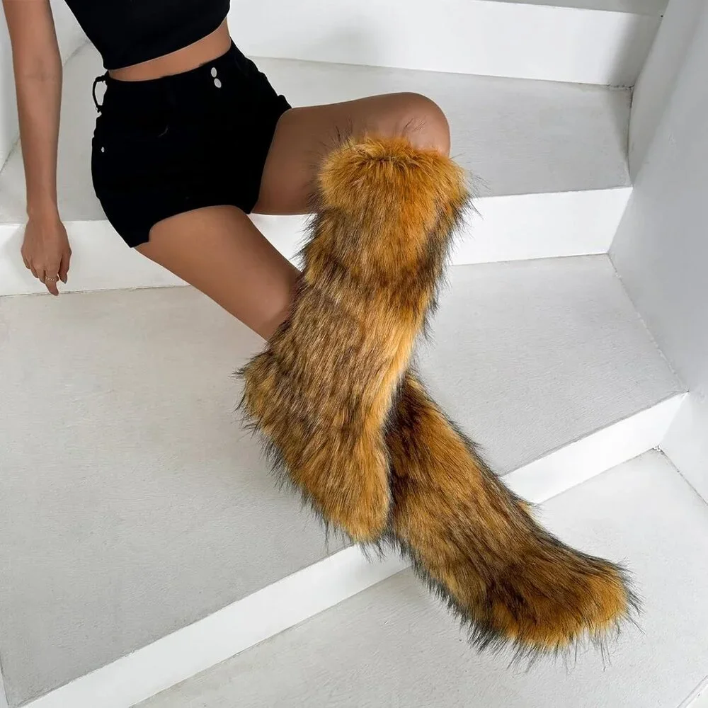 🆕Women Brown Faux Fur Fluffy Cosy Round Toe Knee High Warm Outdoor Fur Boot